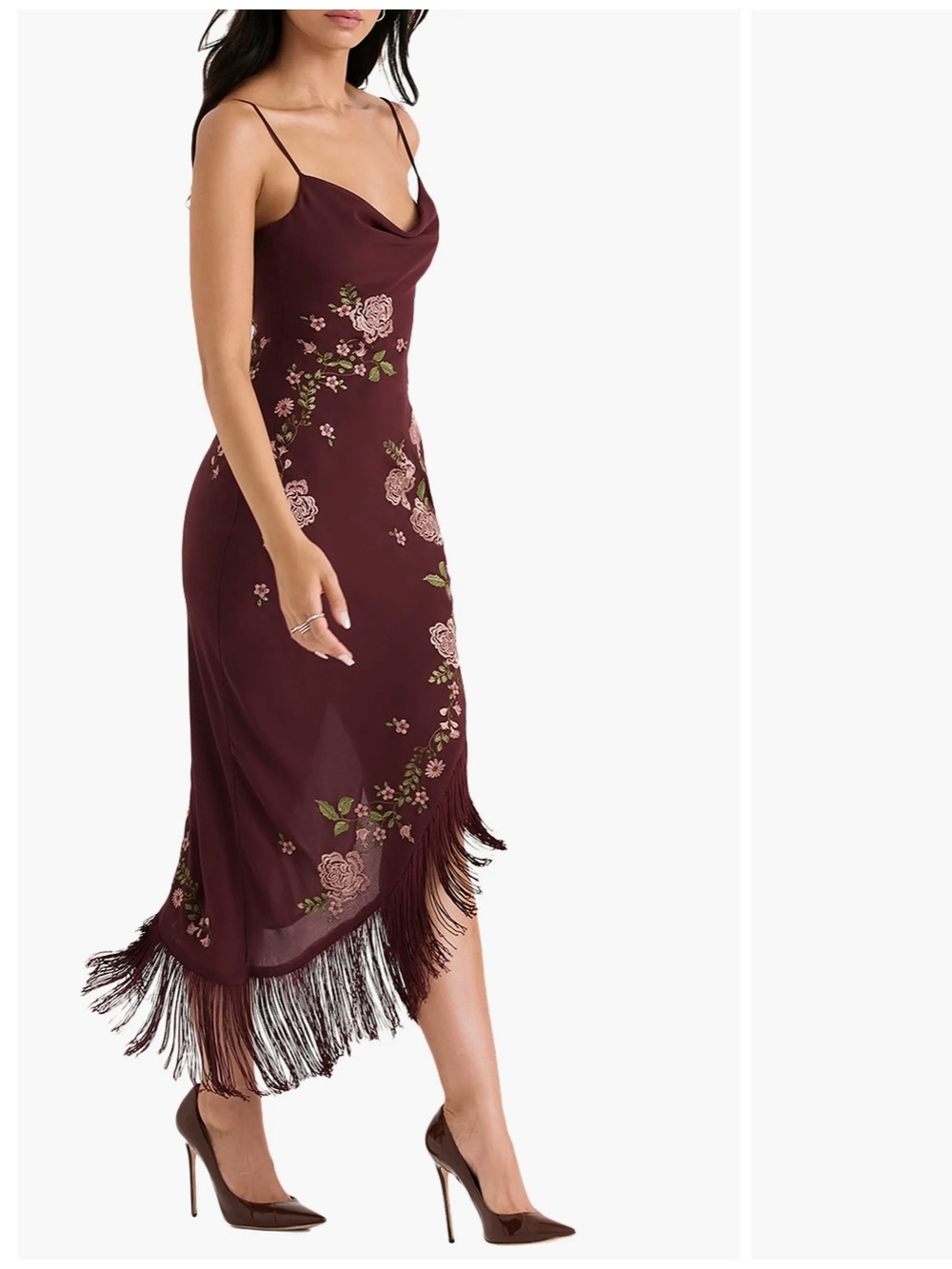 HOUSE OF CB Eloisa Asymmetric Midi Slipdress Spaghetti Strap Floral Fringe SZ S - Picture 4 of 8